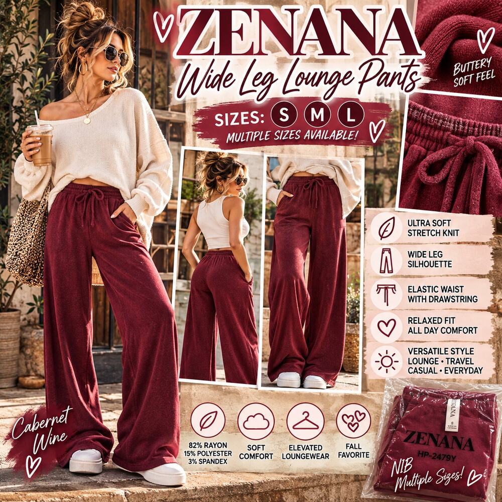 Zenana Cabernet Wine Wide Leg Lounge Pants Drawstring Soft Knit S M L NIB